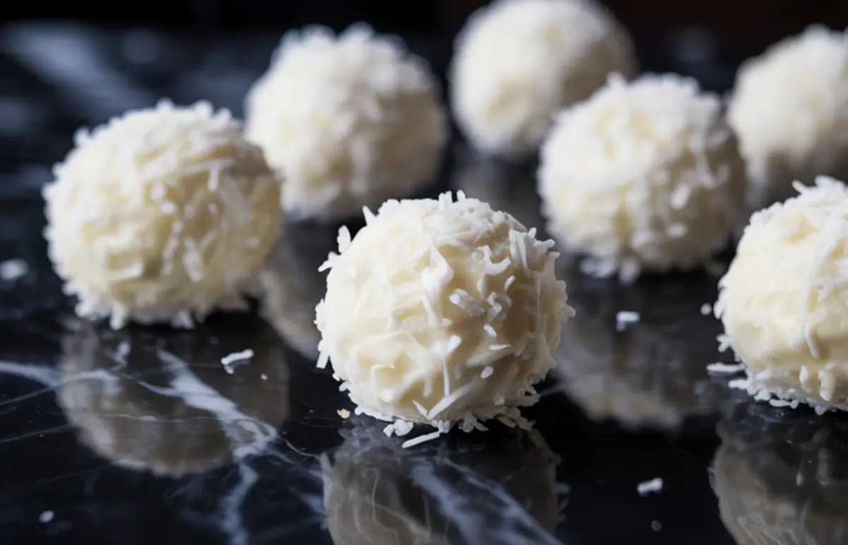 Coconut cheesecake balls rolled in shredded coconut and arranged on a reflective black marble surface.
