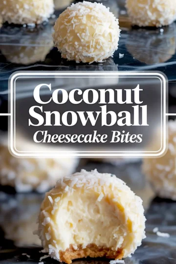 Vertical collage featuring coconut cheesecake bites with shredded coconut coating, highlighting one bitten piece at the bottom to show creamy interior, topped with a bold text label “Coconut Snowball Cheesecake Bites.”
