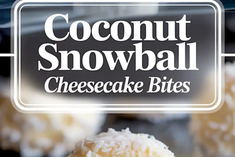 Vertical collage featuring coconut cheesecake bites with shredded coconut coating, highlighting one bitten piece at the bottom to show creamy interior, topped with a bold text label “Coconut Snowball Cheesecake Bites.”