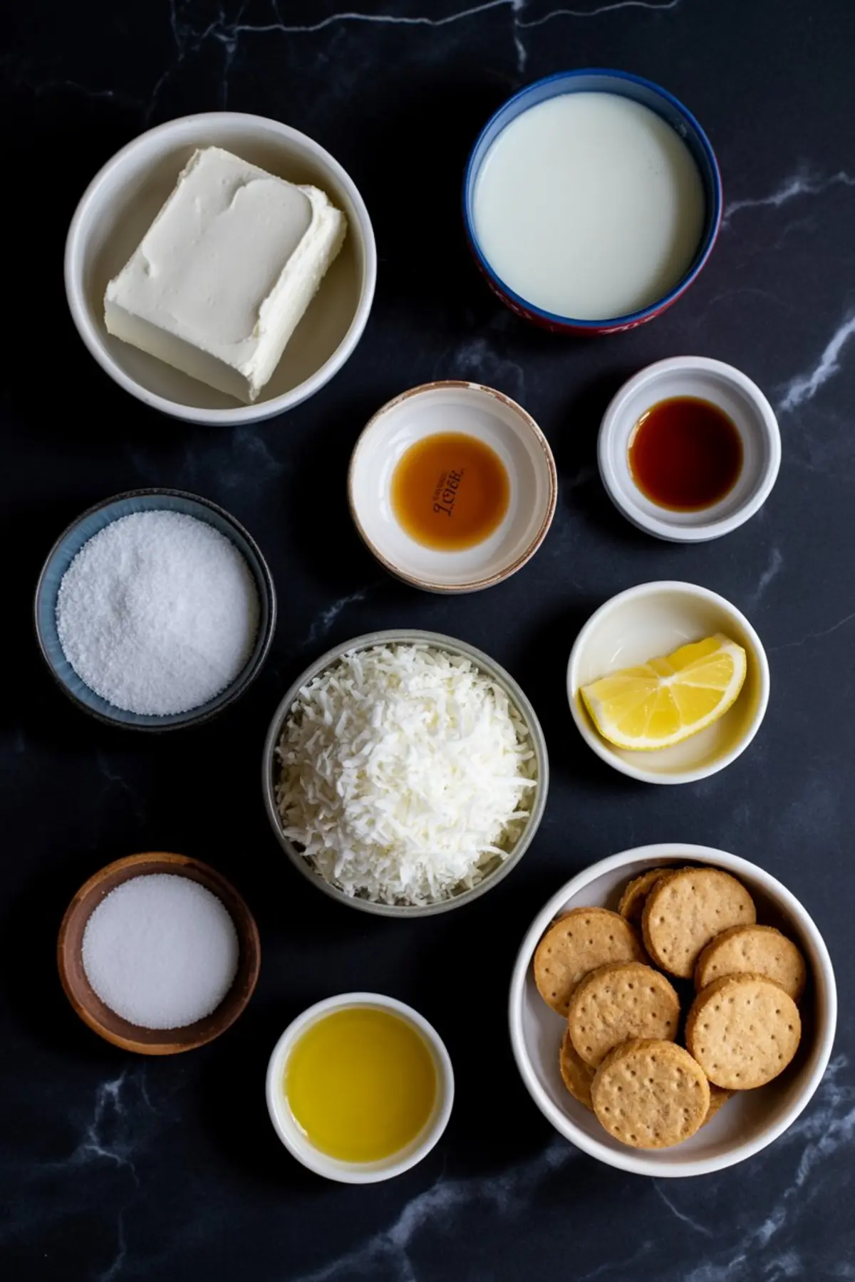 Flat lay of measured cheesecake ingredients including cream cheese, shredded coconut, vanilla extract, biscuits, sugar, lemon wedge, and milk on a dark countertop.