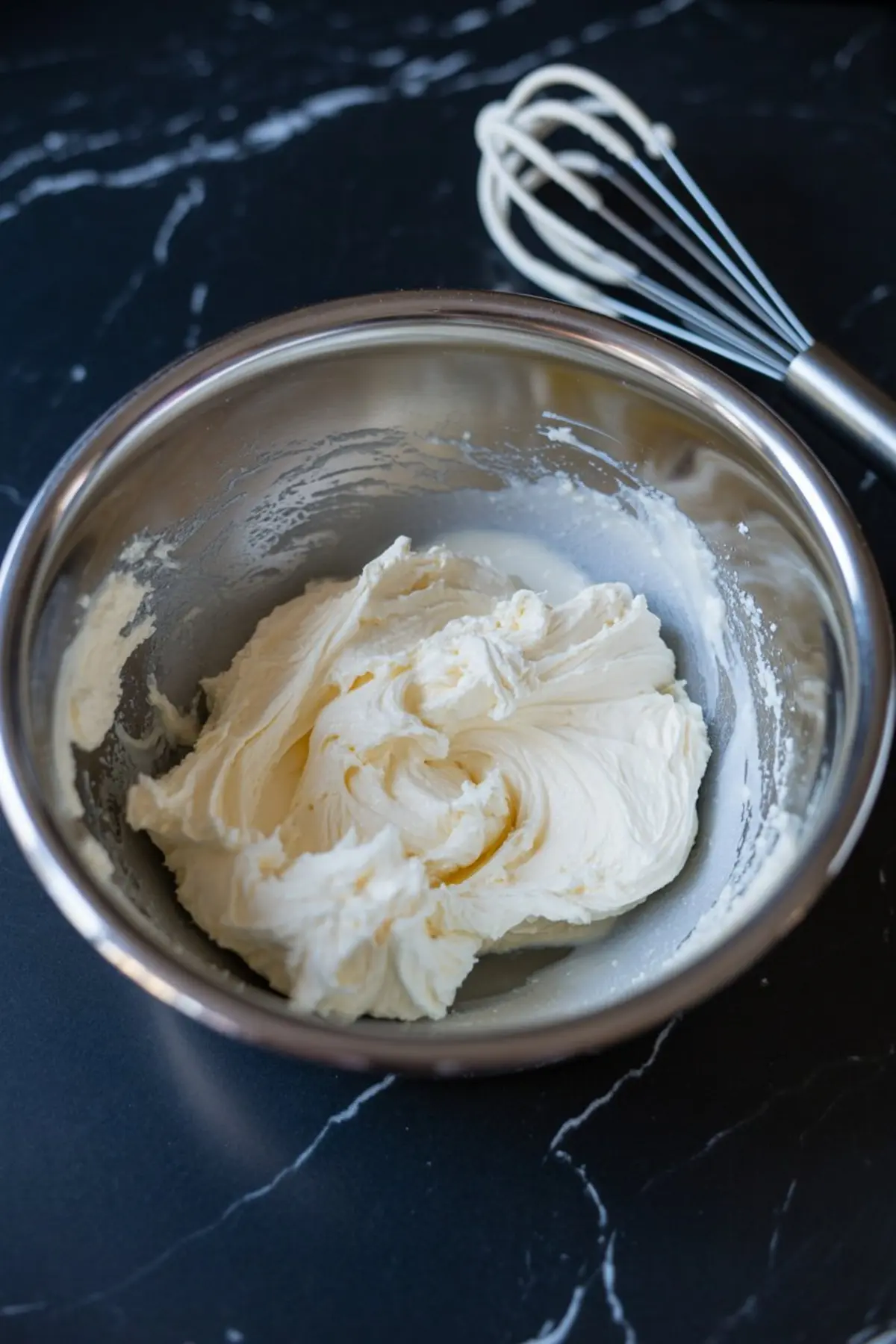 Whipped cream cheese mixture in a metal mixing bowl with a whisk set aside on a black marble surface.
