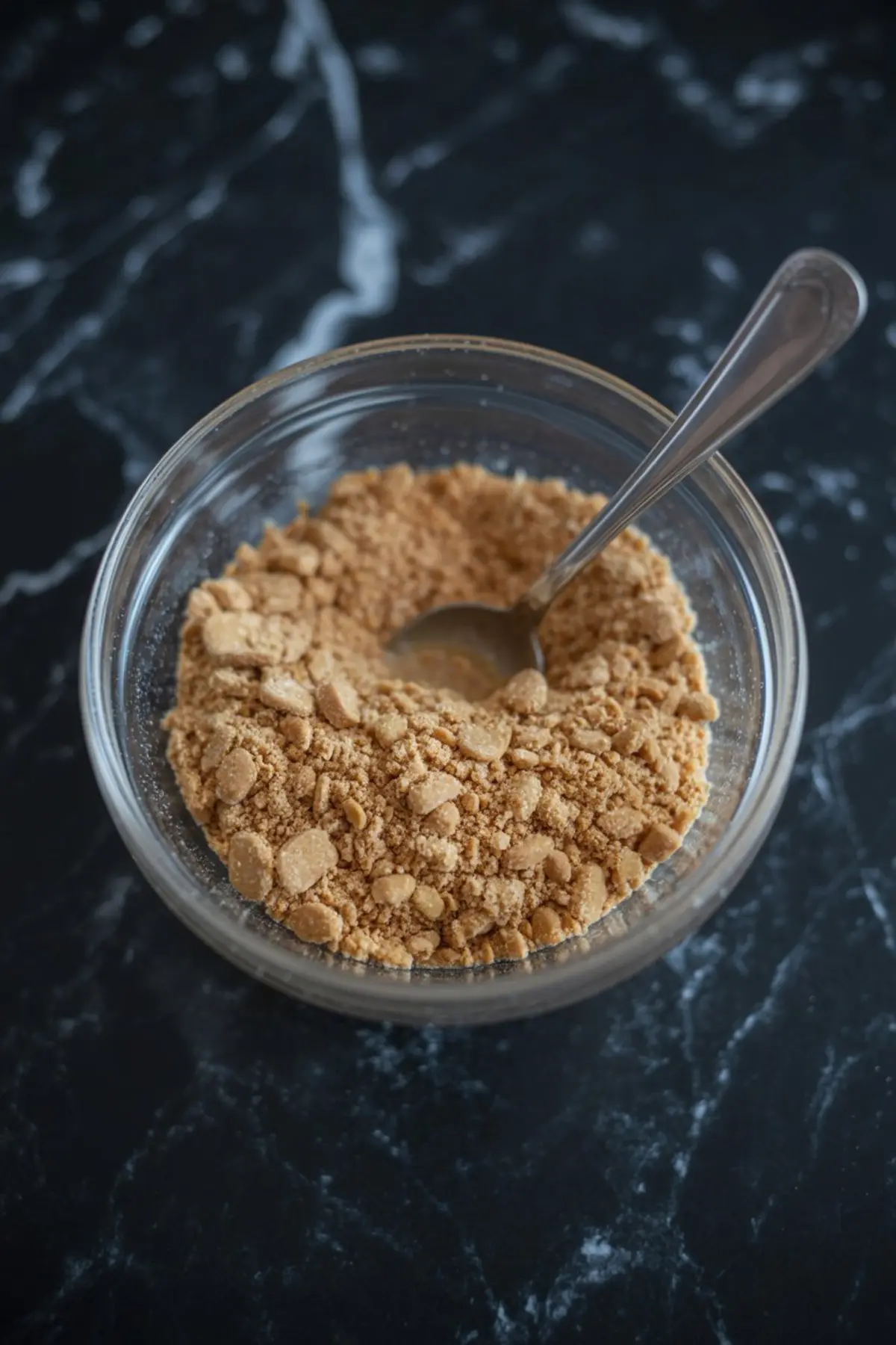 Crushed biscuit crumbs mixed with melted butter in a small glass bowl with a spoon, ready for no-bake dessert base.