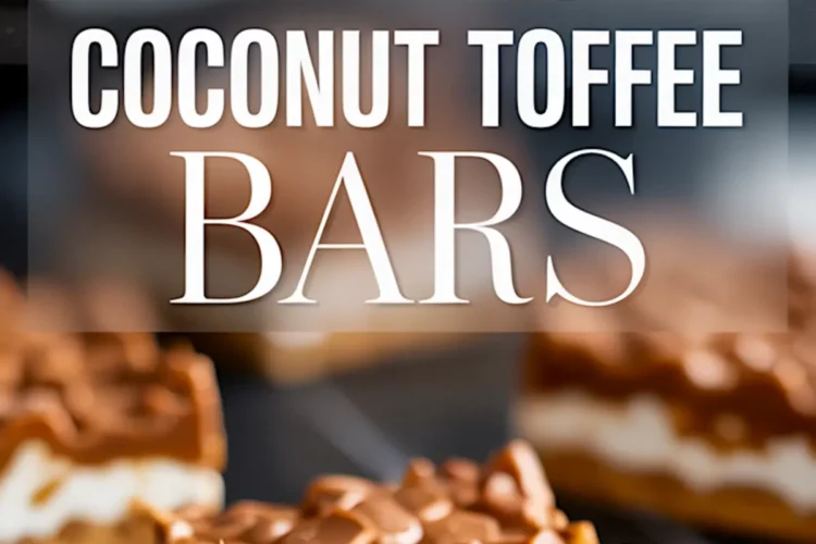Coconut toffee bars with caramel and cream layers topped with toffee bits on a graham cracker crust, text overlay reads “Coconut Toffee Bars.”