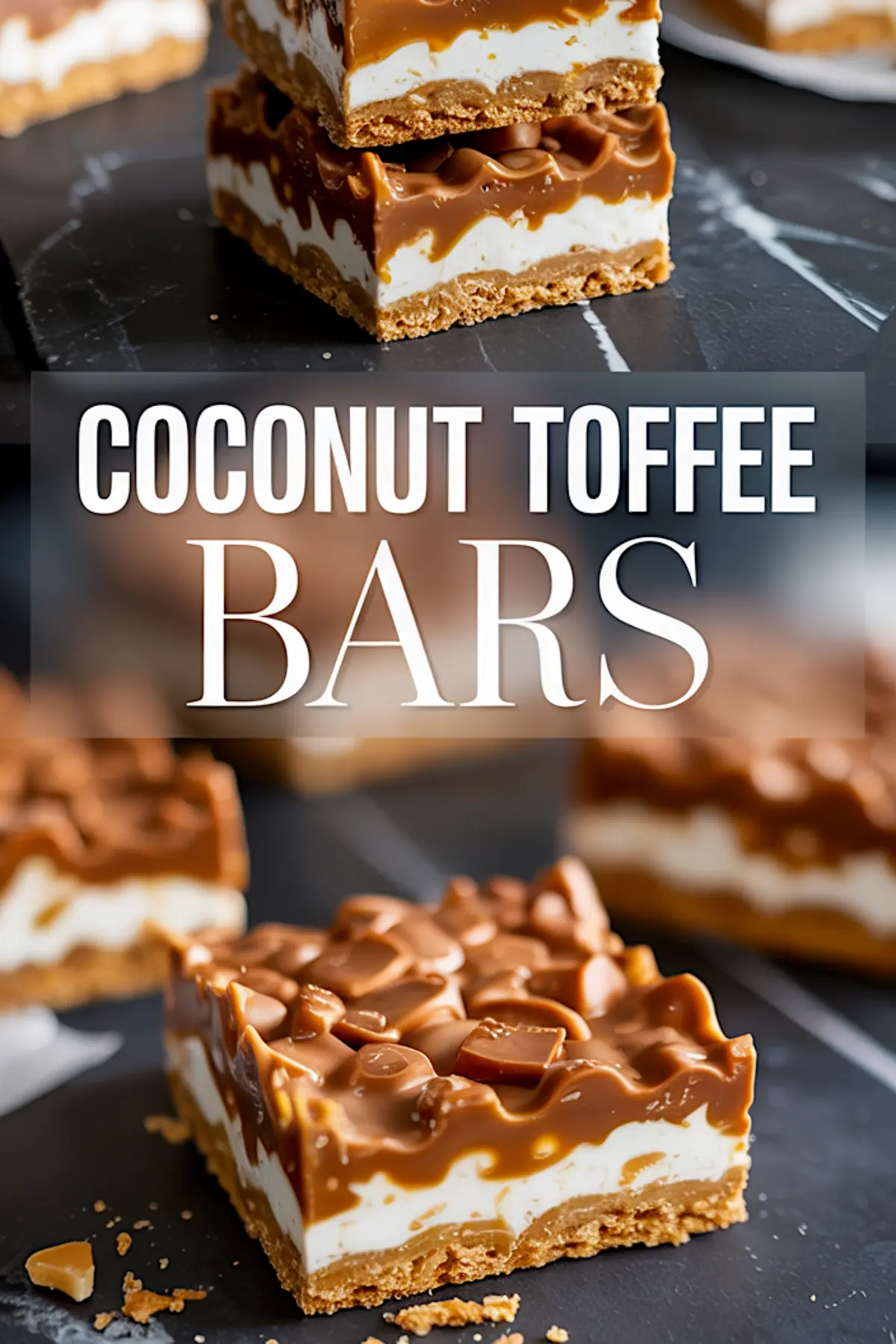 Coconut toffee bars with caramel and cream layers topped with toffee bits on a graham cracker crust, text overlay reads “Coconut Toffee Bars.”