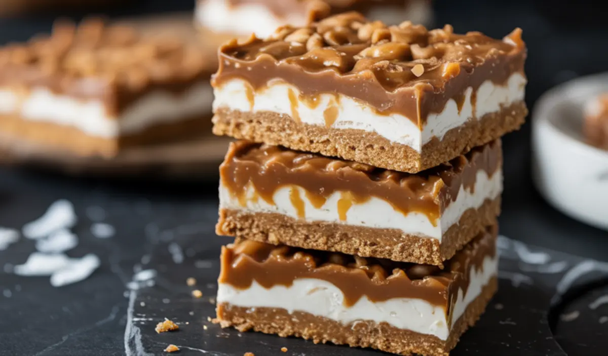 Stack of three coconut toffee bars with layers of graham cracker crust, creamy filling, and gooey caramel, garnished with toffee pieces.