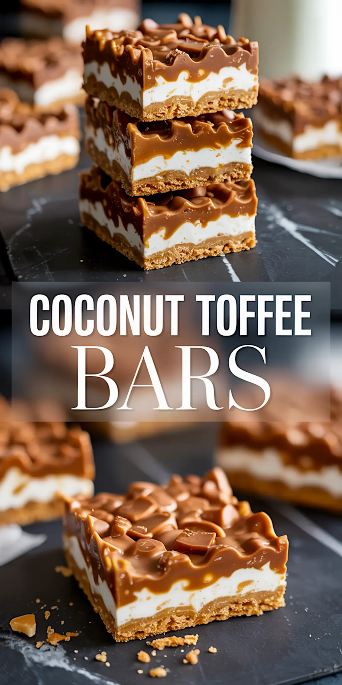 Vertical collage showing coconut toffee bars with creamy white filling and thick caramel layer on graham cracker crust, stacked and individually sliced, with bold text “Coconut Toffee Bars” across the center.
