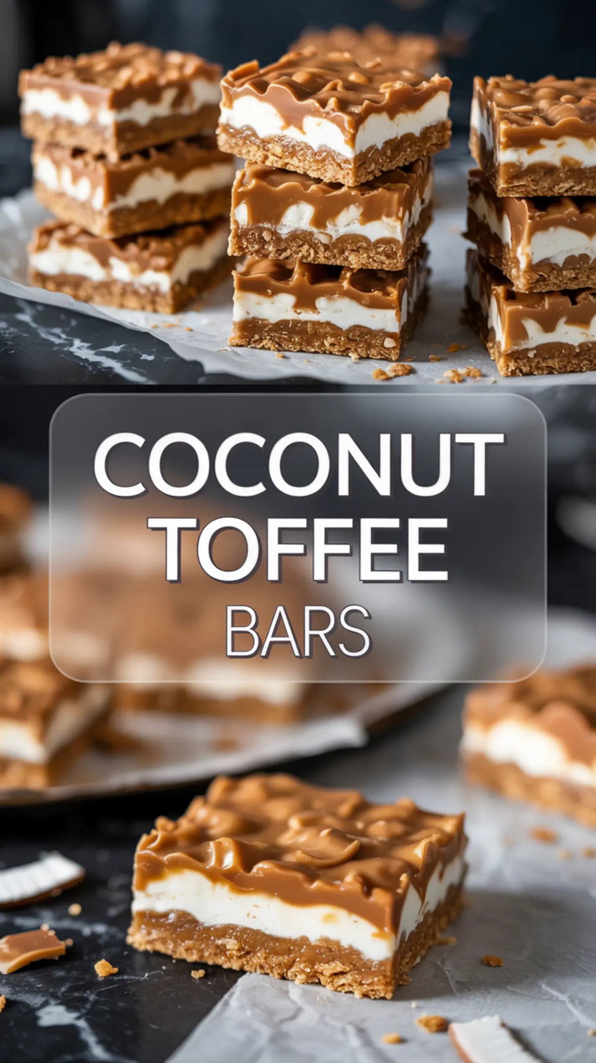Vertical collage of multiple stacked coconut toffee bars on parchment paper, topped with rich caramel and chopped nuts, with center text “Coconut Toffee Bars” on transparent background.