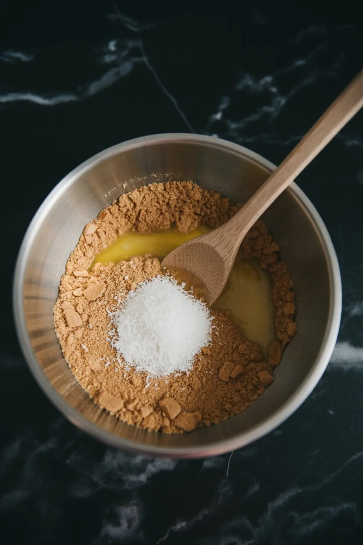 Mixing bowl with crushed graham crackers, shredded coconut, and melted butter being stirred with a wooden spoon for a dessert crust base.