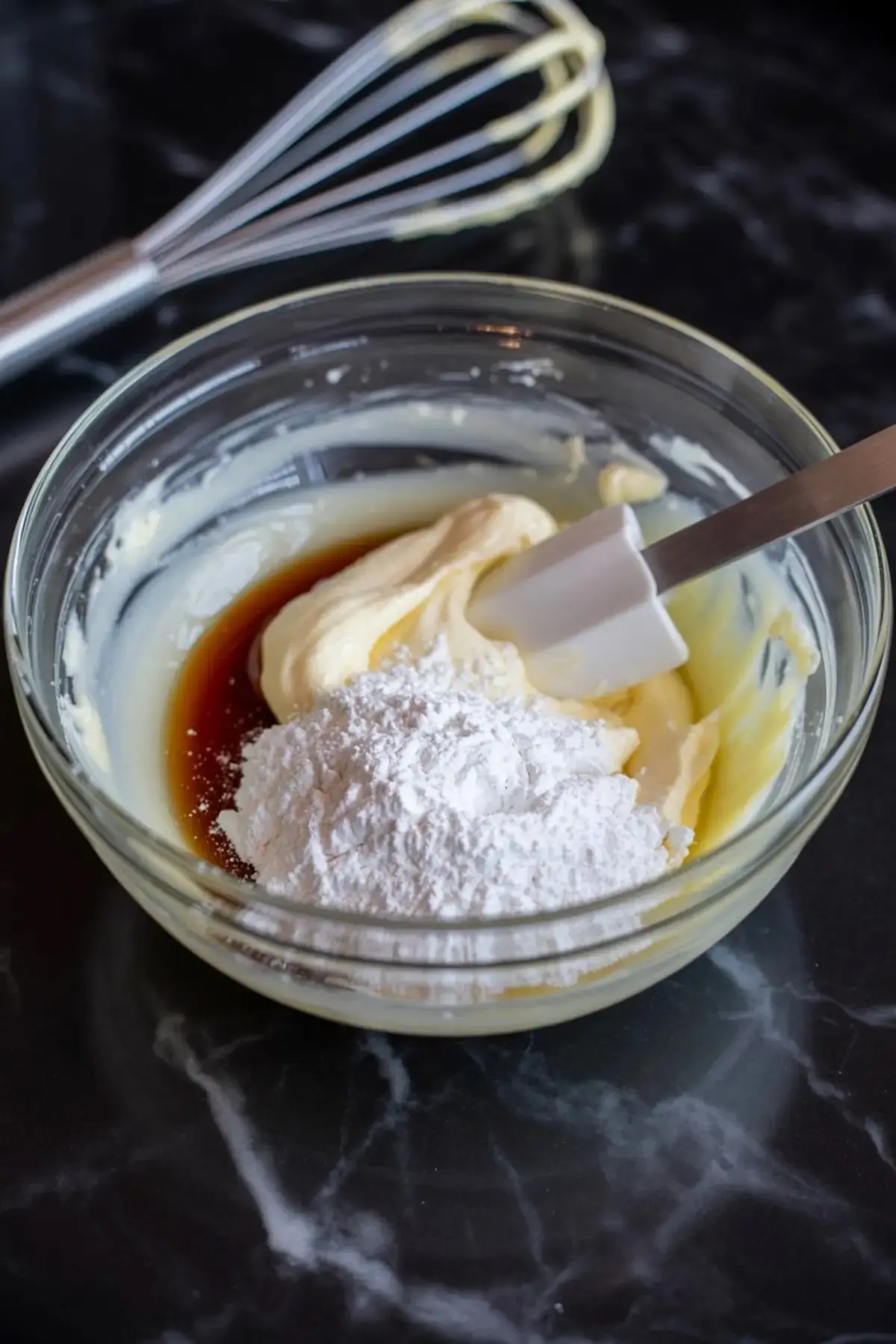 Glass bowl containing softened butter, vanilla extract, and powdered sugar, partially mixed with a rubber spatula for dessert filling.
