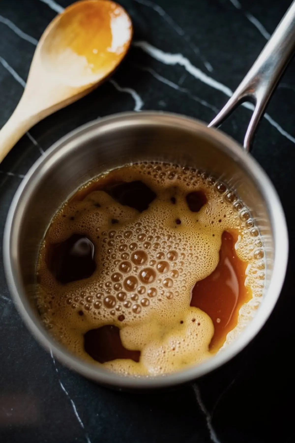 Small saucepan with bubbling caramel toffee mixture on a black marble countertop, next to a wooden spoon.