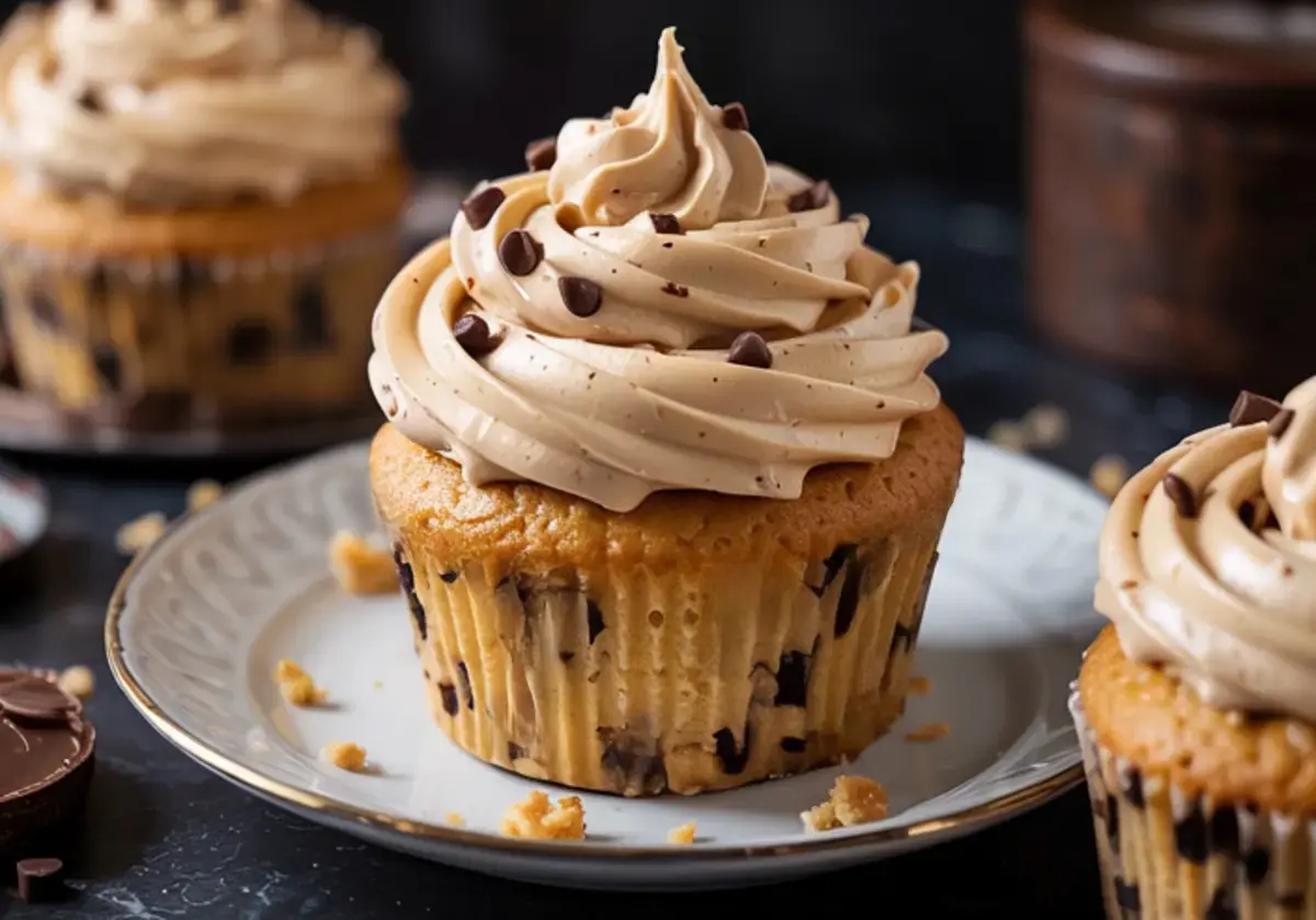 Chocolate chip cupcakes topped with generous swirls of cookie dough frosting and mini chocolate chips, served on a white plate with crumbs and chocolate pieces scattered around.