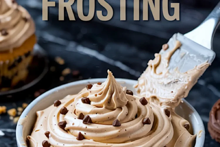 Vertical image of a white bowl filled with piped cookie dough frosting topped with chocolate chips, accompanied by a metal spatula, with bold text “Cookie Dough Frosting” above and cupcakes in the background.