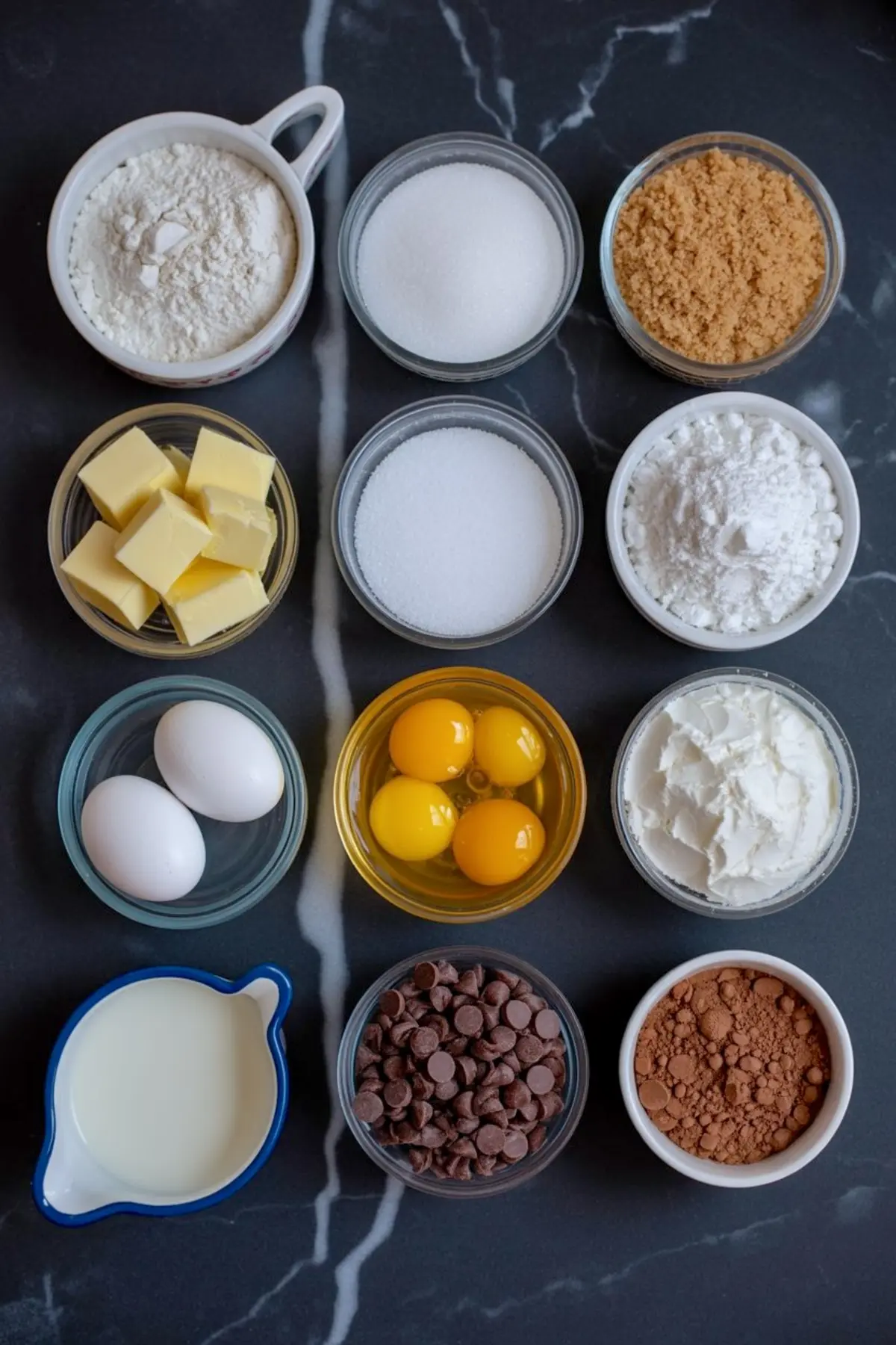 Flat lay of cookie dough frosting ingredients in small bowls on a dark marble surface, including flour, granulated sugar, brown sugar, butter, powdered sugar, eggs, egg yolks, cream cheese, milk, chocolate chips, and cocoa powder.