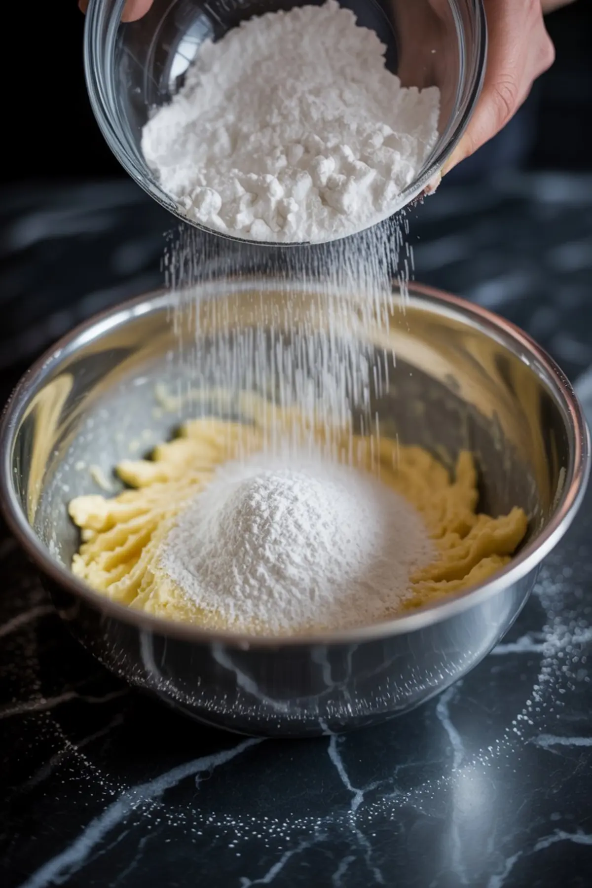 A glass bowl pours powdered sugar into a metal mixing bowl filled with creamed butter, showing an early step in making cookie frosting.
