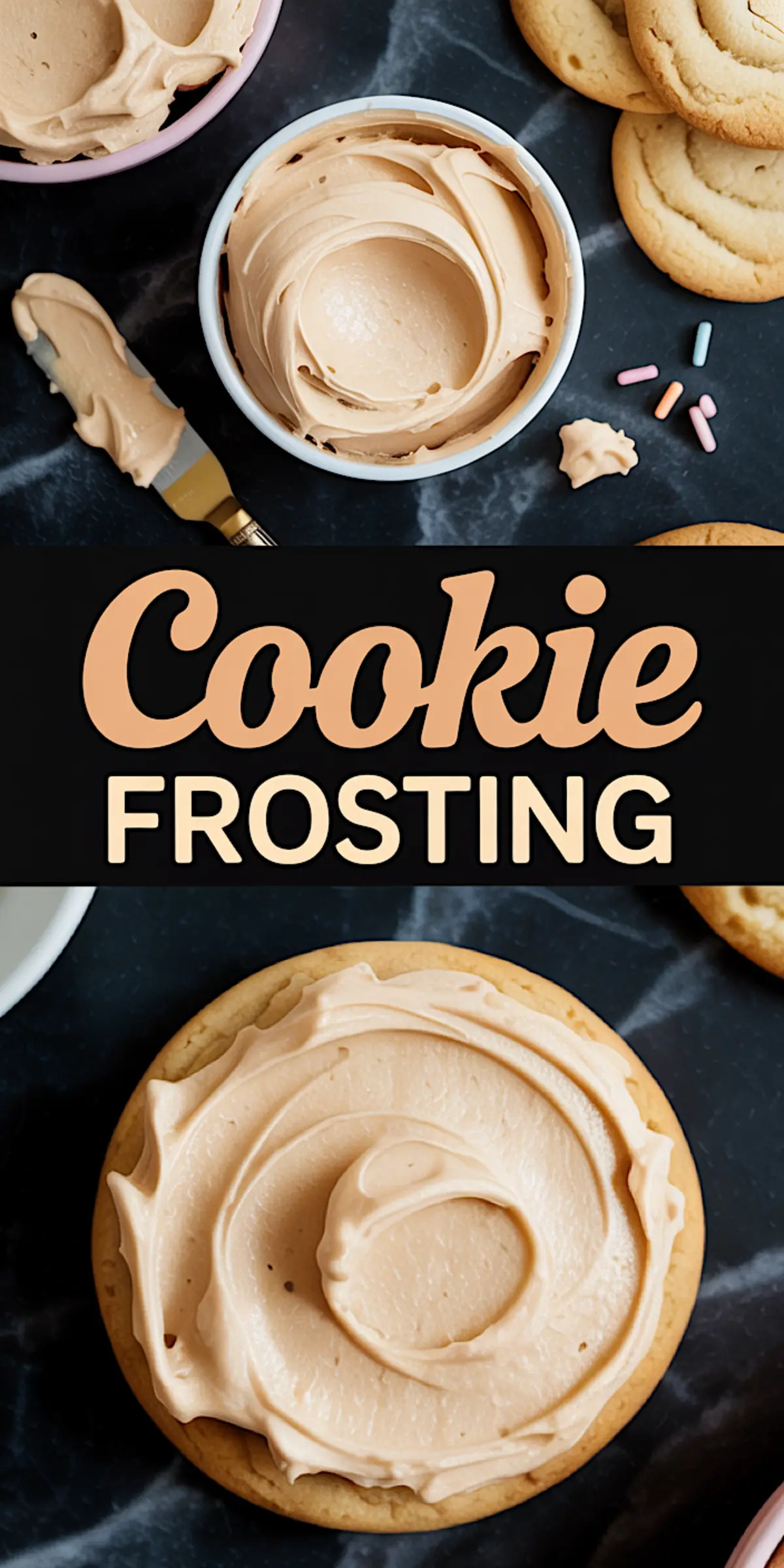 A two-part image showing a swirl of light brown cookie frosting in a bowl with a spreading knife, and a sugar cookie frosted with the same creamy topping. Bold text reads “Cookie Frosting” in the center, designed for a frosting recipe pin.
