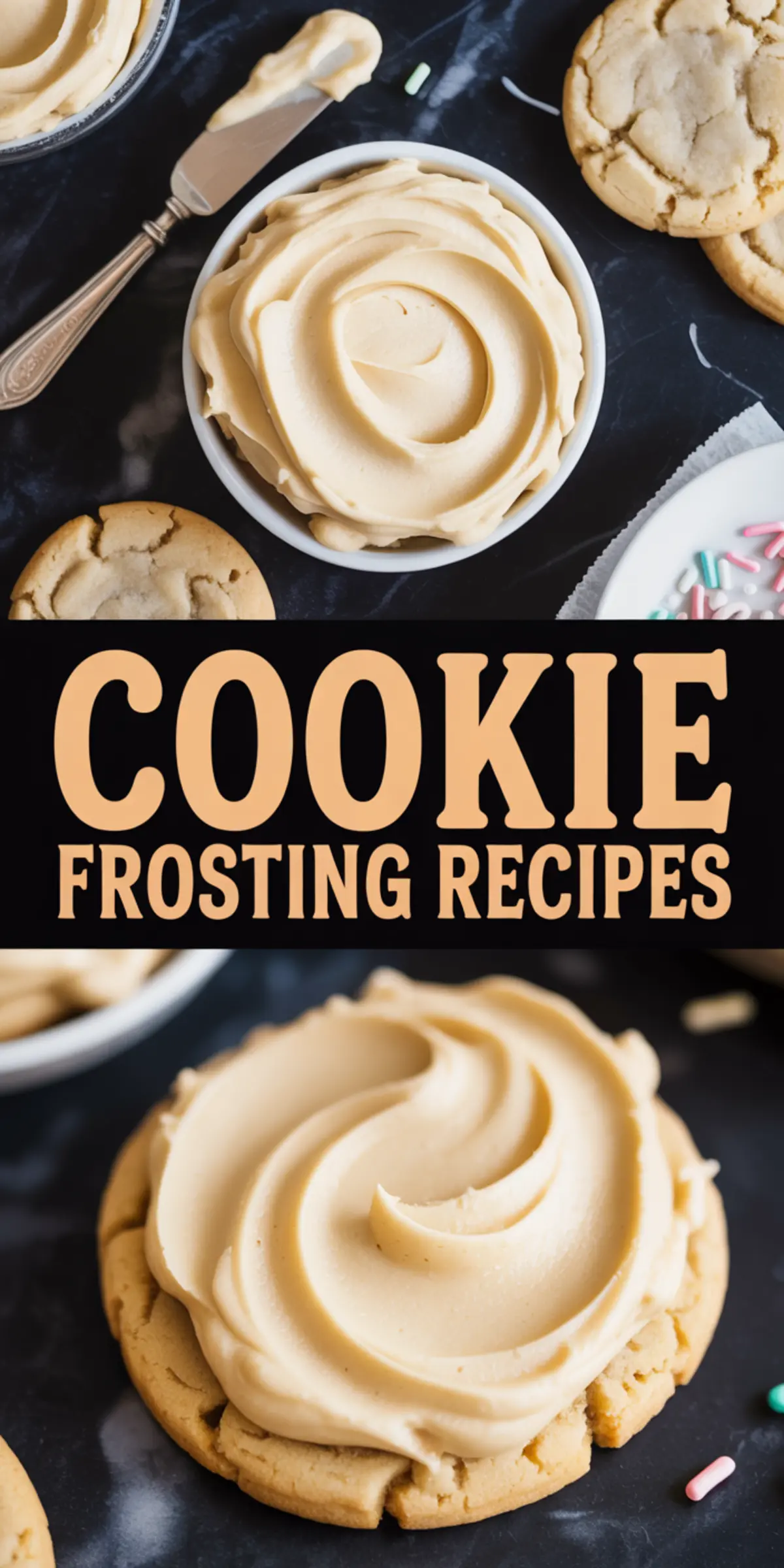 A top and bottom collage featuring bowls of creamy frosting and frosted sugar cookies. The bold central text says “COOKIE FROSTING RECIPES,” ideal for a baking recipe pin.
