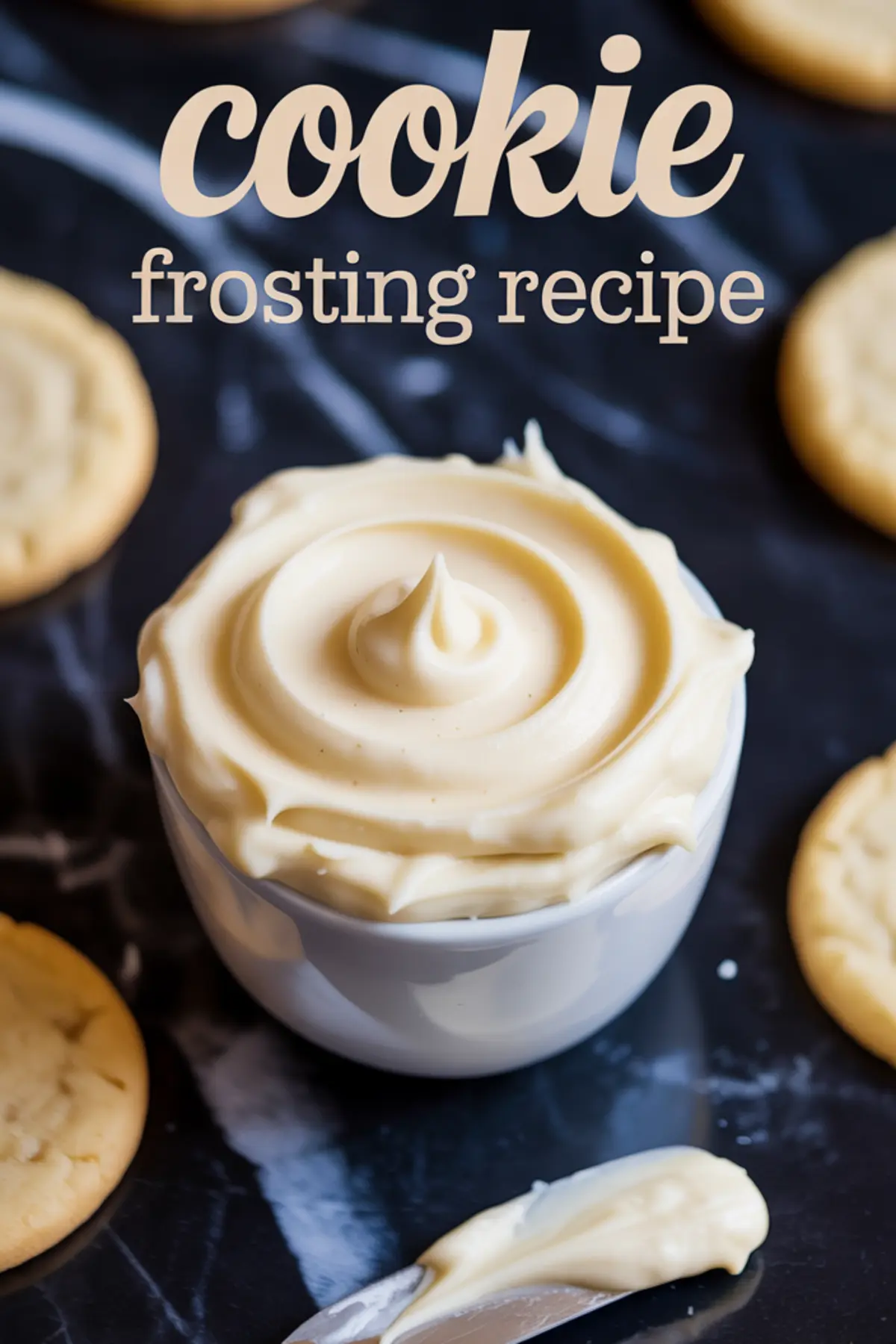 A swirl of vanilla frosting piped into a white bowl, surrounded by plain sugar cookies on a black marble surface. Overlay text reads “cookie frosting recipe.”
