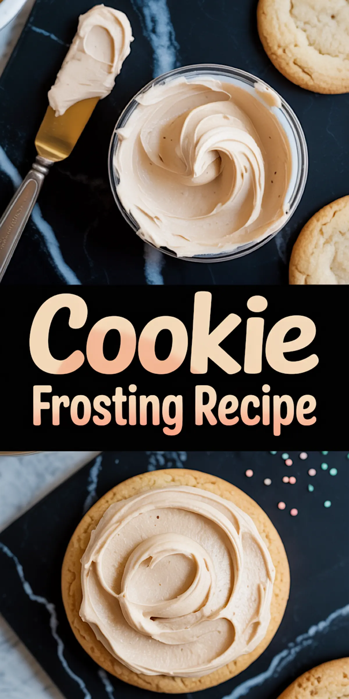 A two-part pin with a close-up of cookie frosting in a bowl and a frosted cookie on a marble board. Text in the middle reads “Cookie Frosting Recipe,” designed for Pinterest sharing.
