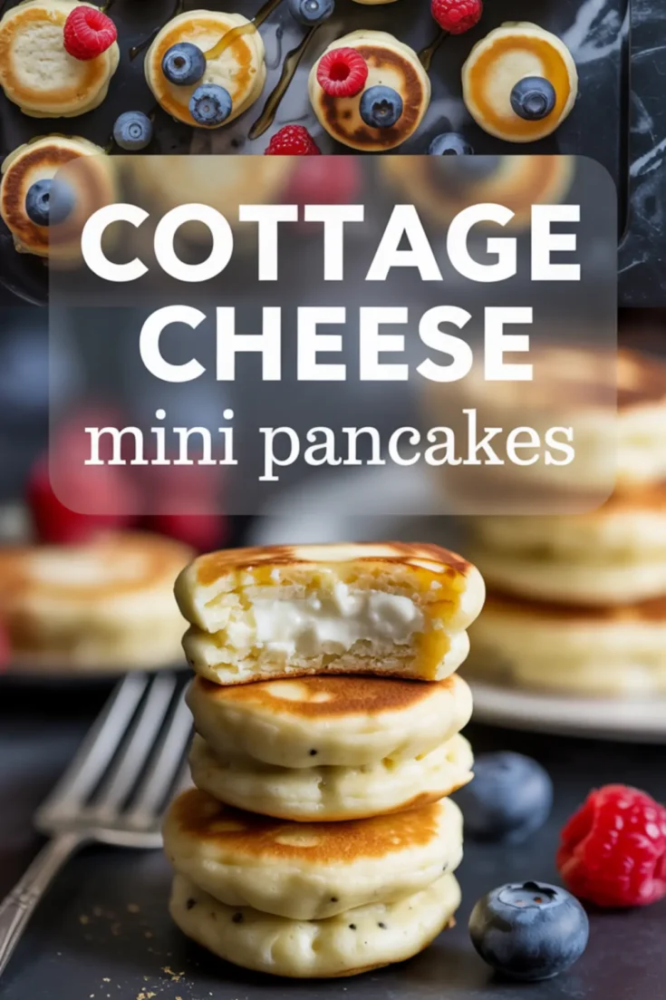 Collage of mini pancakes filled with cottage cheese, served with syrup and berries, highlighting a close-up of a pancake stack with a visible creamy filling and the title “Cottage Cheese Mini Pancakes.”