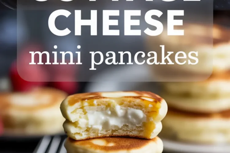 Collage of mini pancakes filled with cottage cheese, served with syrup and berries, highlighting a close-up of a pancake stack with a visible creamy filling and the title “Cottage Cheese Mini Pancakes.”