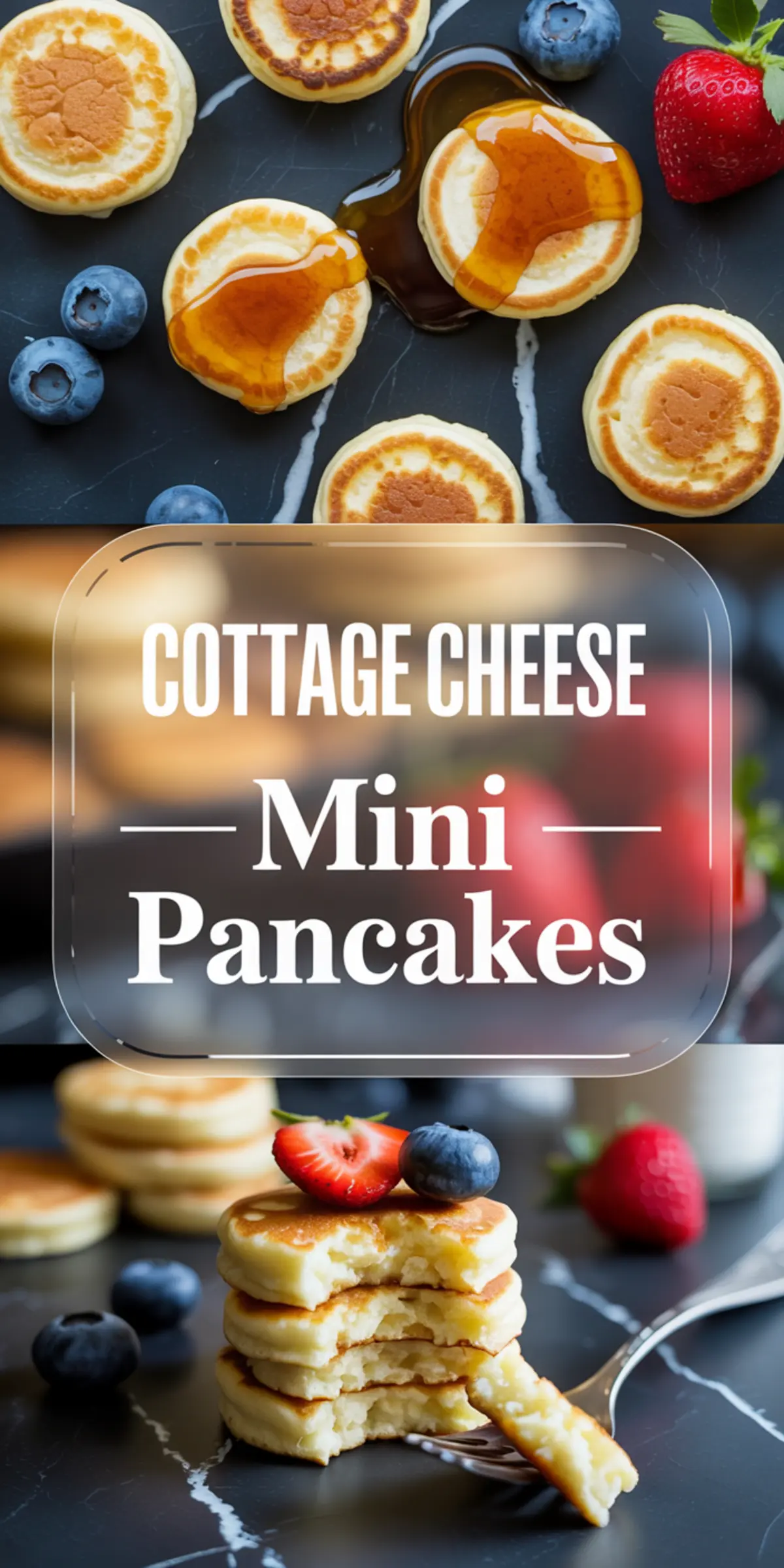 Cottage cheese mini pancakes collage with syrup-drizzled pancakes and fresh berries on a dark surface, paired with a text overlay reading “Cottage Cheese Mini Pancakes” and a stacked serving of pancakes with a fork and berries.