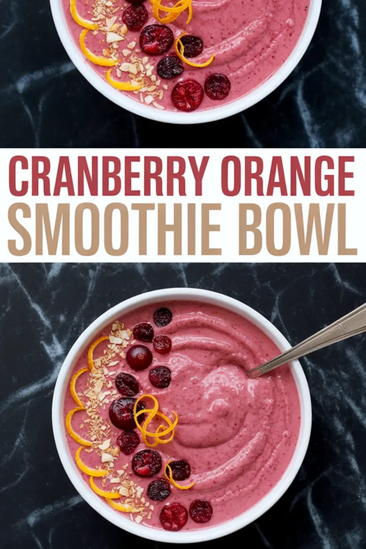 Collage of two cranberry orange smoothie bowls decorated with sliced cranberries, curled orange zest, and crushed nuts, divided by bold “Cranberry Orange Smoothie Bowl” text.