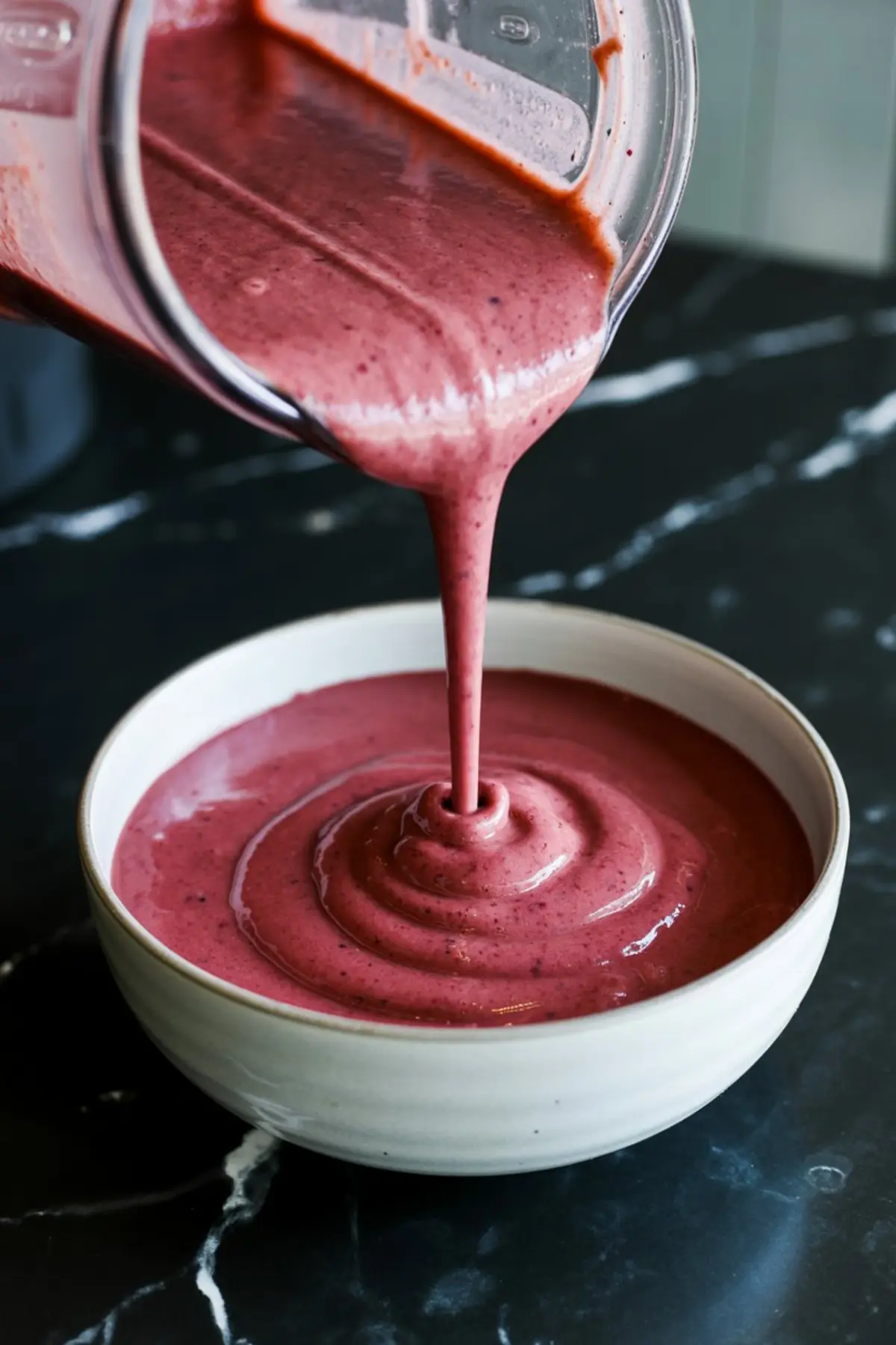 Thick cranberry orange smoothie being poured from a blender into a white ceramic bowl on a black marble countertop.