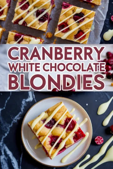 Eye-catching Pinterest graphic displaying blondie squares with creamy drizzle, large modern block title, bottom plate view of a bar beside artistic white chocolate splashes.