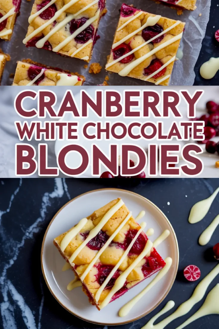 Eye-catching Pinterest graphic displaying blondie squares with creamy drizzle, large modern block title, bottom plate view of a bar beside artistic white chocolate splashes.