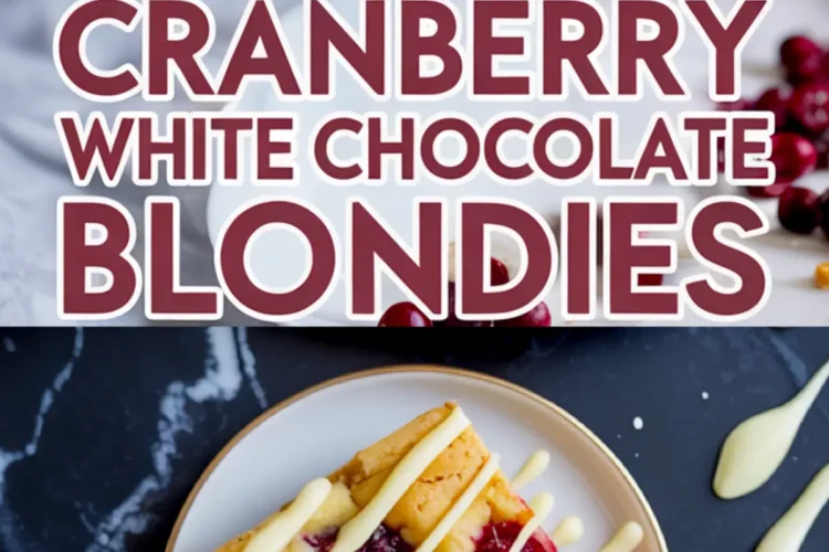 Eye-catching Pinterest graphic displaying blondie squares with creamy drizzle, large modern block title, bottom plate view of a bar beside artistic white chocolate splashes.
