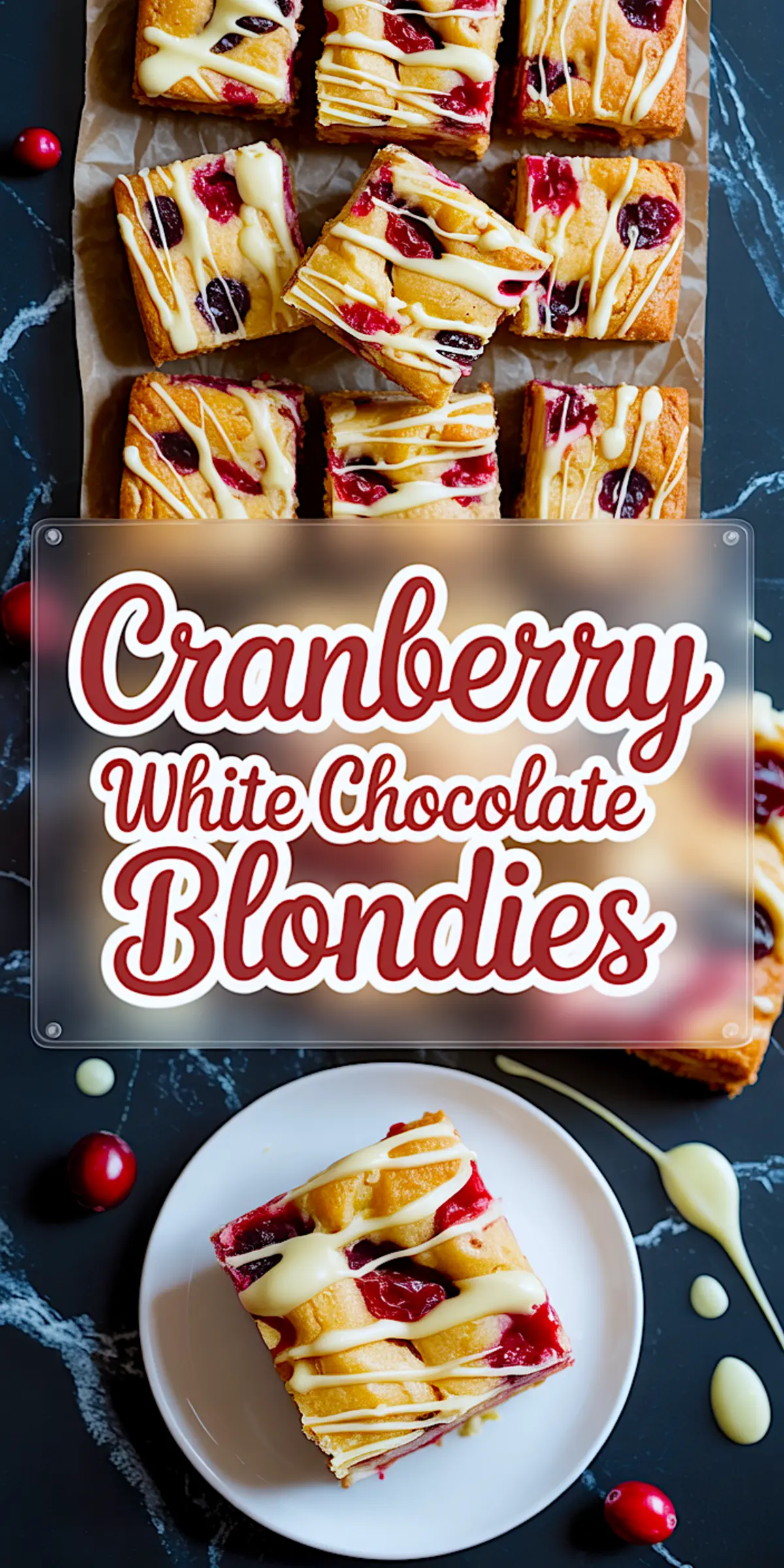 Tall recipe pin featuring overhead blondie bar arrangement, elegant script title overlay, bottom plate showcasing a single cranberry white chocolate blondie with drizzle accents.