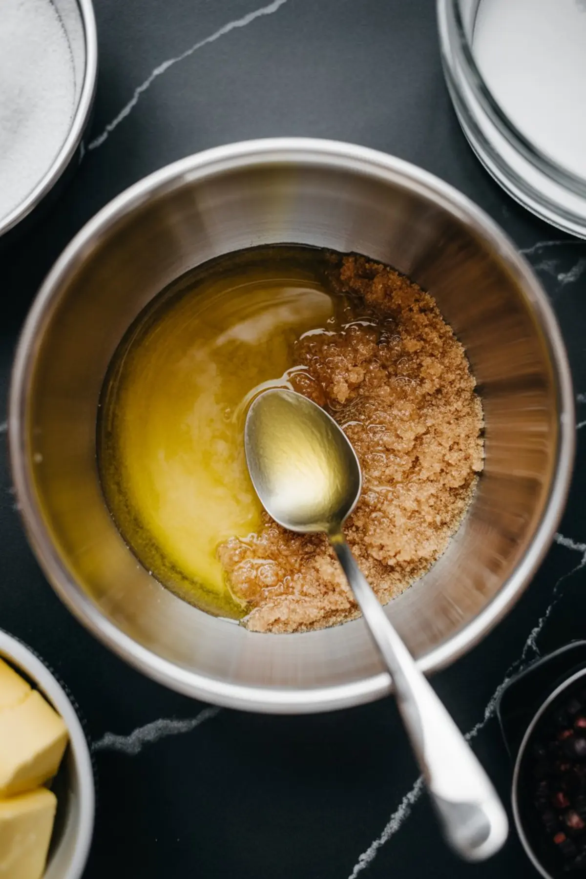 Glossy melted butter blending with brown sugar in a stainless bowl, silver spoon stirring the caramel base for blondies.
