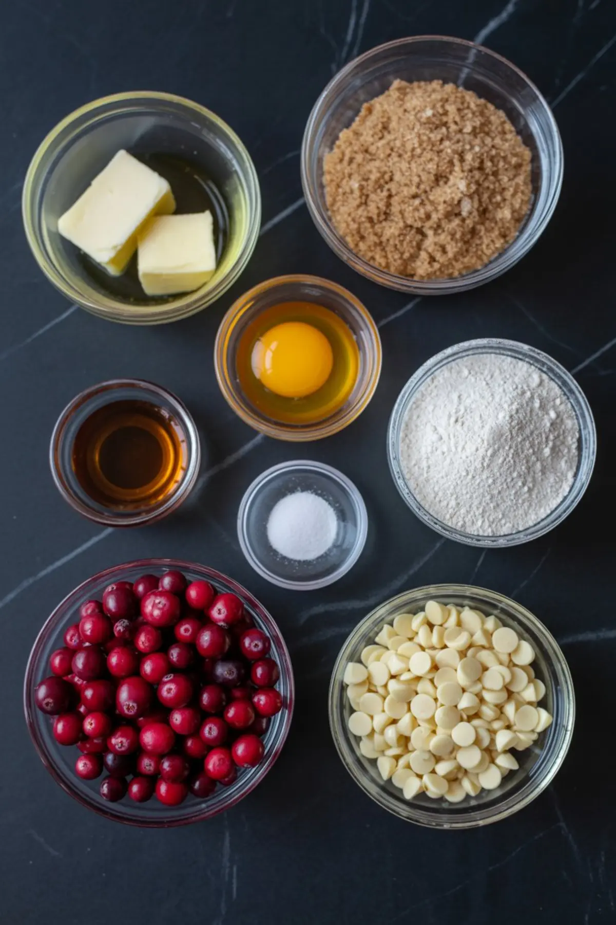 Flat lay of baking ingredients—fresh cranberries, white chocolate chips, brown sugar, melted butter, egg, vanilla, flour, salt—neatly arranged in glass bowls on black marble.