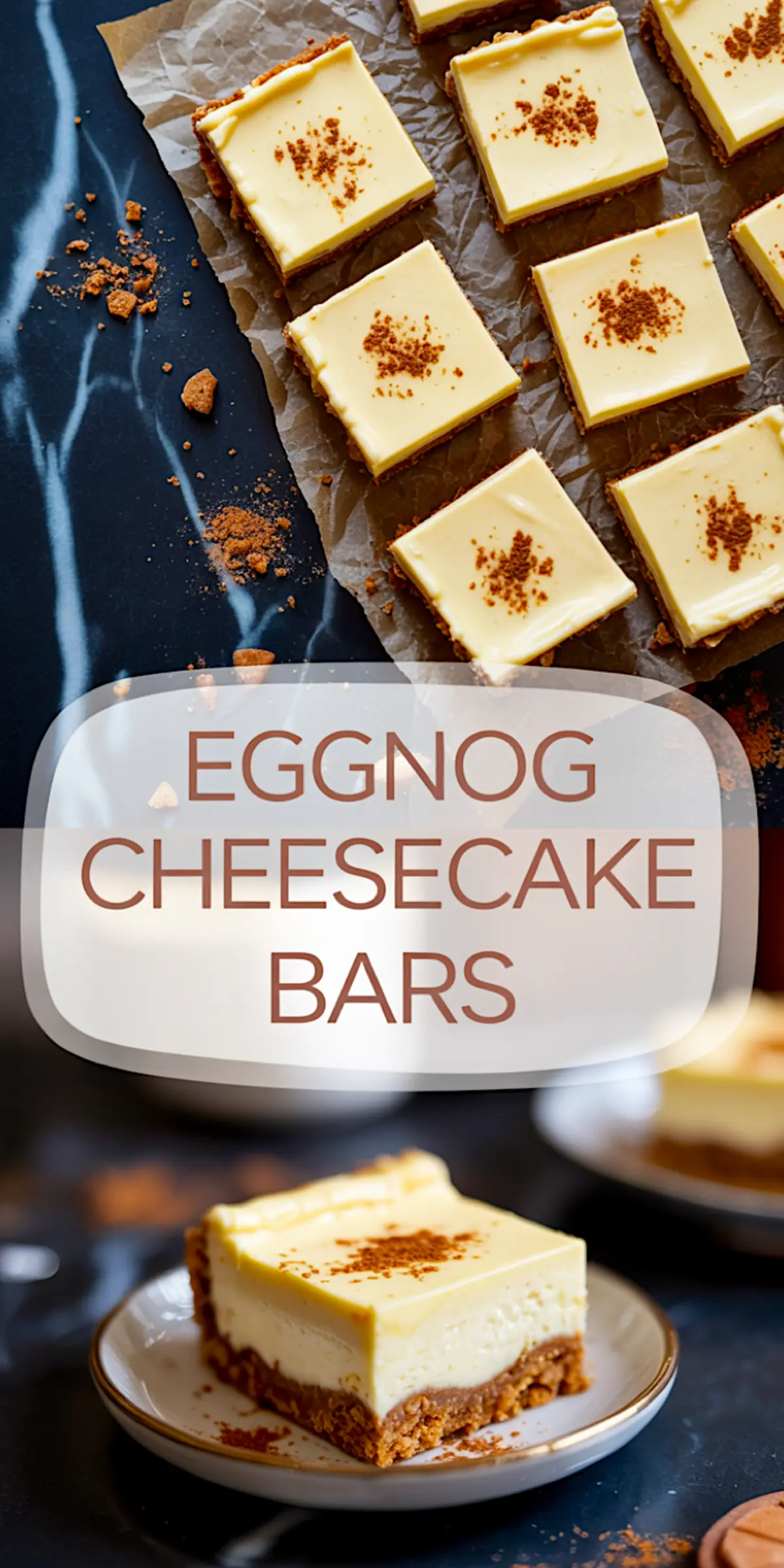 Eggnog cheesecake bars arranged on parchment paper with crumbled cookie bits on a dark surface, paired with a plated slice showcasing creamy layers and spiced crust, topped with cinnamon.