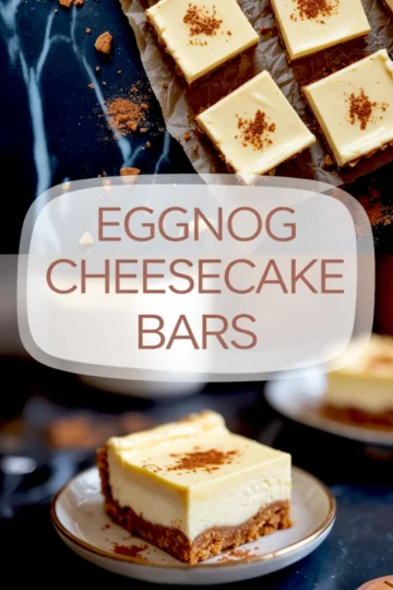 Close-up of a thick eggnog cheesecake bar on a dessert plate, showing a creamy eggnog filling with a cinnamon-dusted top and spiced cookie crust on a dark table.