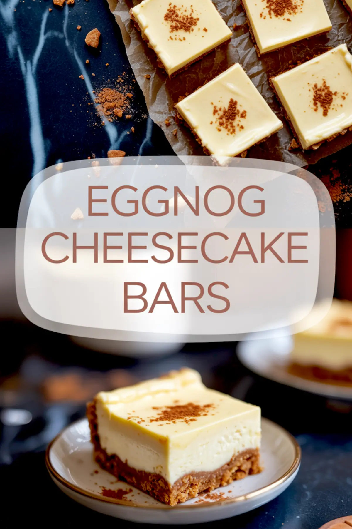 Close-up of a thick eggnog cheesecake bar on a dessert plate, showing a creamy eggnog filling with a cinnamon-dusted top and spiced cookie crust on a dark table.