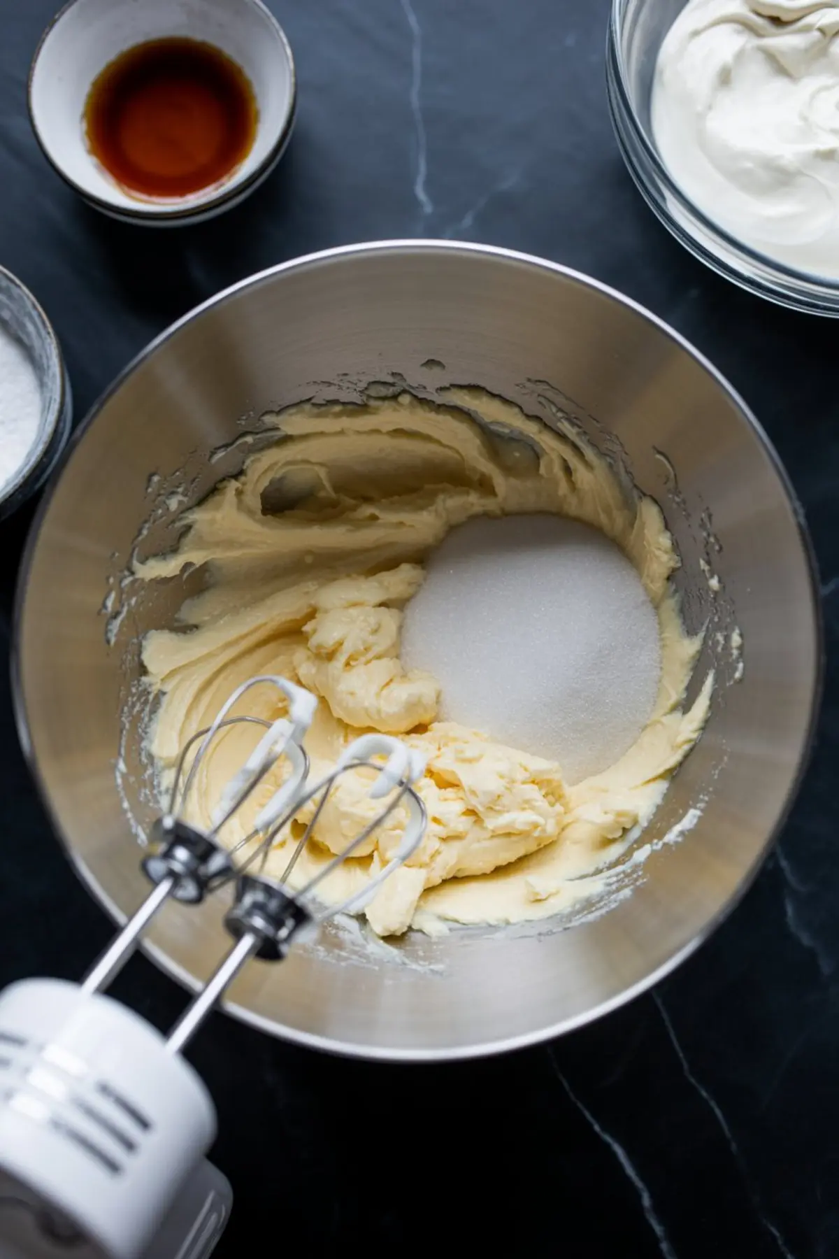 Butter and sugar being mixed in a metal bowl with a hand mixer, surrounded by bowls of vanilla extract, whipped cream, and powdered sugar.