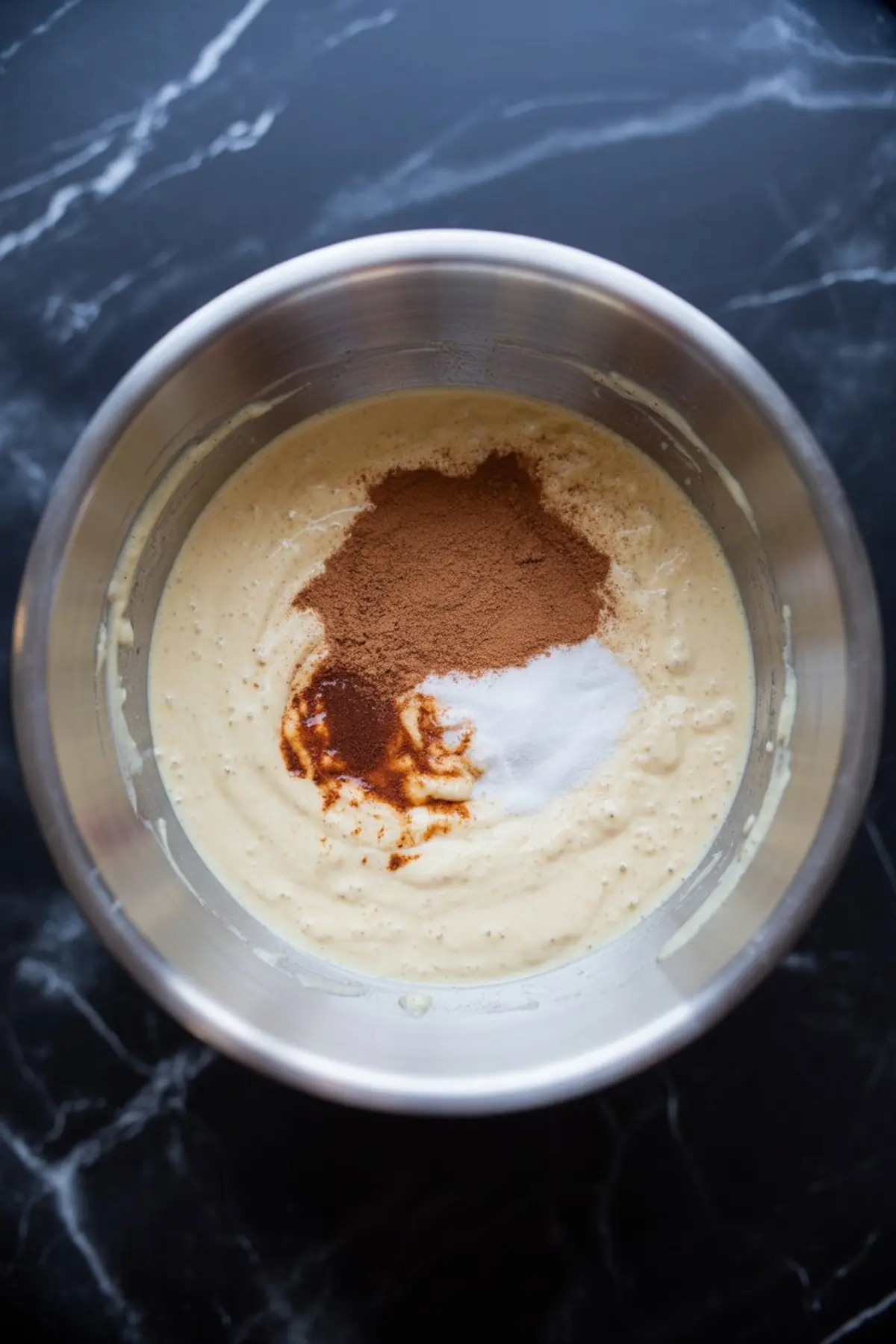 Unmixed batter topped with ground cinnamon, nutmeg, baking soda, and vanilla in a metal mixing bowl placed on a dark marble surface.