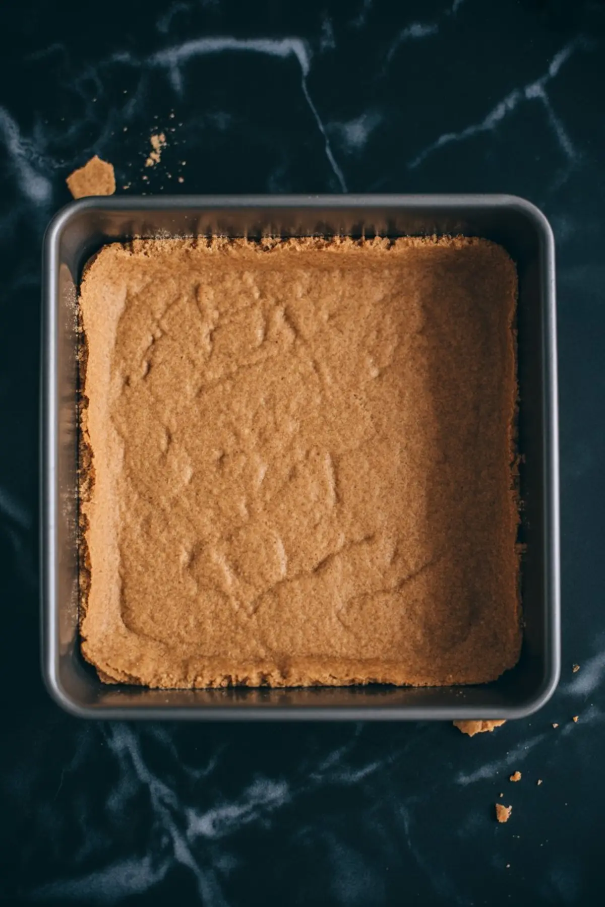 Square pan filled with a baked graham cracker crust showing a golden, crumbly texture with clean edges on a dark countertop.