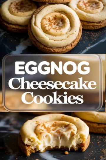 Collage displaying soft eggnog cheesecake cookies topped with spiced filling and a close-up of a bitten cookie showing creamy cheesecake texture, with centered bold text “Eggnog Cheesecake Cookies.”