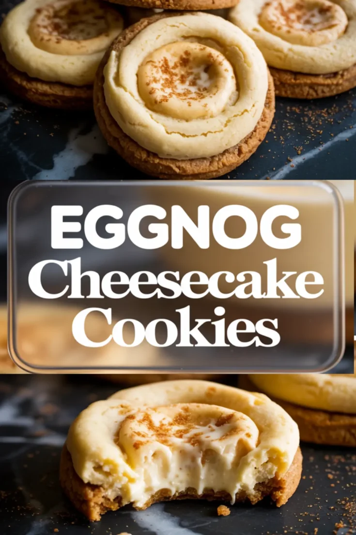 Collage displaying soft eggnog cheesecake cookies topped with spiced filling and a close-up of a bitten cookie showing creamy cheesecake texture, with centered bold text “Eggnog Cheesecake Cookies.”