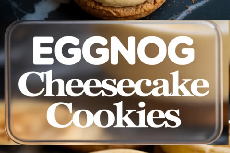 Collage displaying soft eggnog cheesecake cookies topped with spiced filling and a close-up of a bitten cookie showing creamy cheesecake texture, with centered bold text “Eggnog Cheesecake Cookies.”