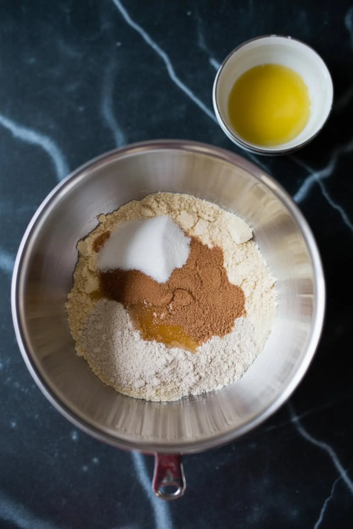 Top-down view of a mixing bowl with almond flour, coconut flour, sugar, cinnamon, and maple syrup on a dark marble surface, with a small bowl of melted butter beside it.
