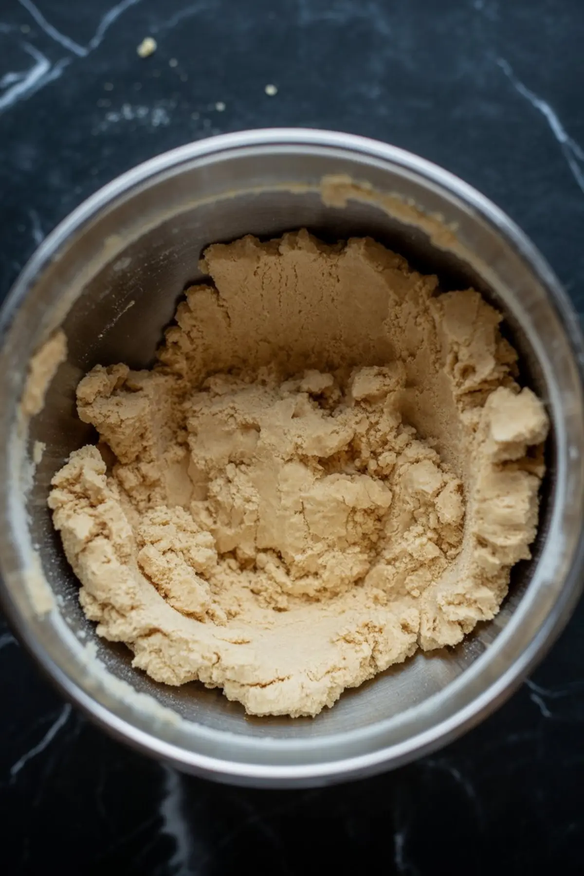 Bowl of blended cookie dough with a smooth, dense texture and light brown color, ready for shaping on a dark stone surface.
