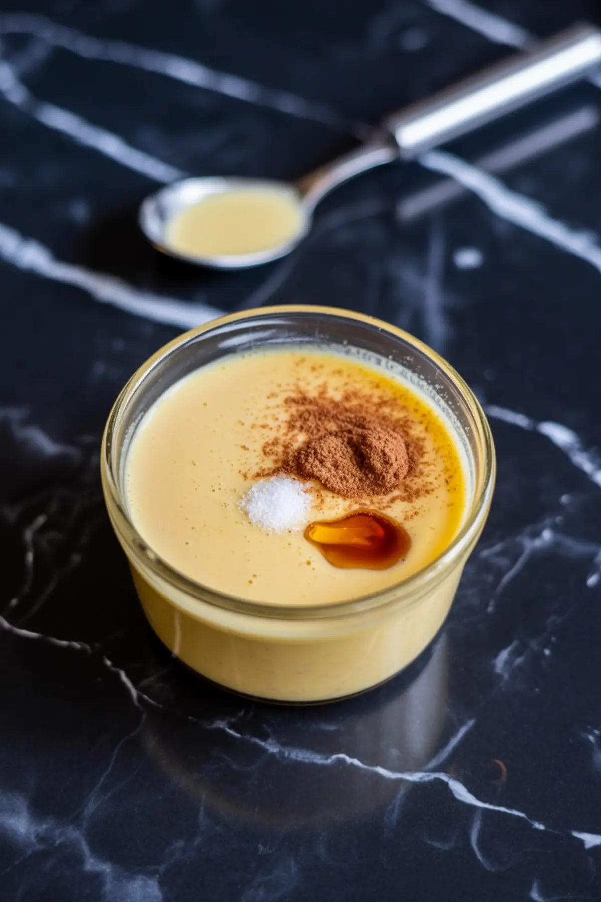 Glass bowl filled with creamy eggnog mixture, topped with cinnamon, salt, and vanilla extract, set on a black marble counter with a spoon in the background.

