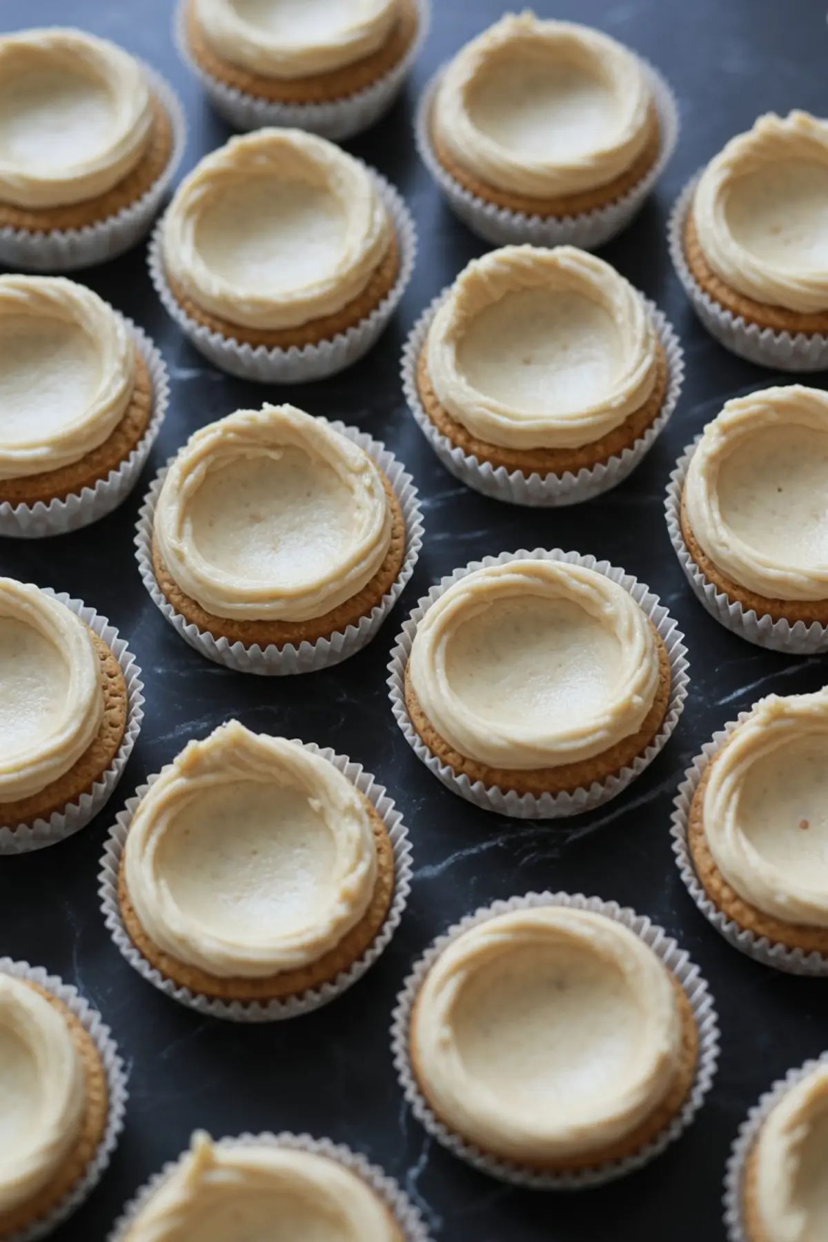 Rows of cookie dough cups baked in white cupcake liners, each with a shallow well in the center for cheesecake filling, arranged neatly on a black marble surface.
