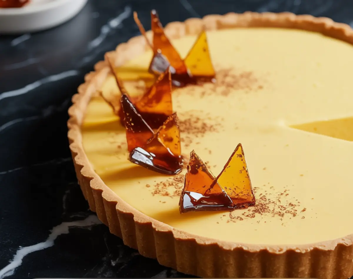 Baked eggnog creme tart topped with golden caramel shards and a dusting of cinnamon on a smooth custard filling, set against a black marble background.