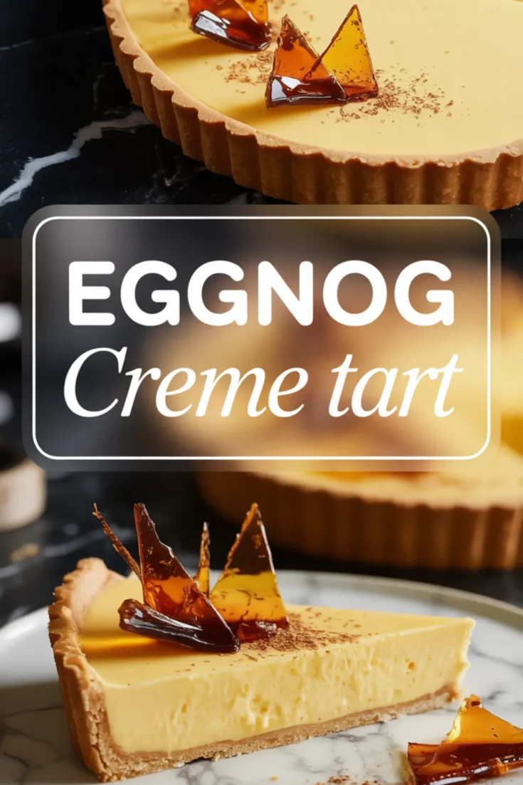 Vertical graphic collage of eggnog creme tart with caramel decorations, showing a whole tart at the top and a close-up of a slice on a marble plate below, highlighted by a bold “Eggnog Creme Tart” label in white.