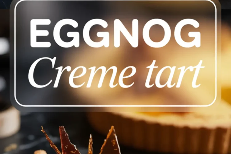 Vertical graphic collage of eggnog creme tart with caramel decorations, showing a whole tart at the top and a close-up of a slice on a marble plate below, highlighted by a bold “Eggnog Creme Tart” label in white.