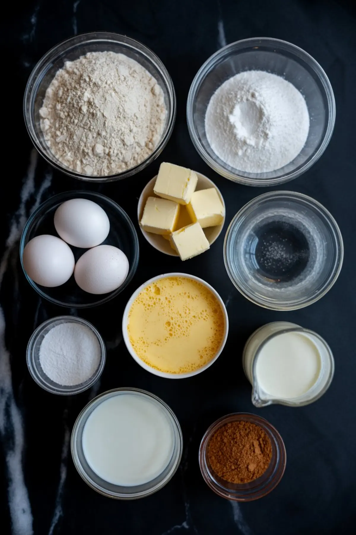 Flat lay of baking ingredients including flour, sugar, butter, eggs, milk, cream, cinnamon, and vanilla extract arranged in glass bowls on a black marble surface.